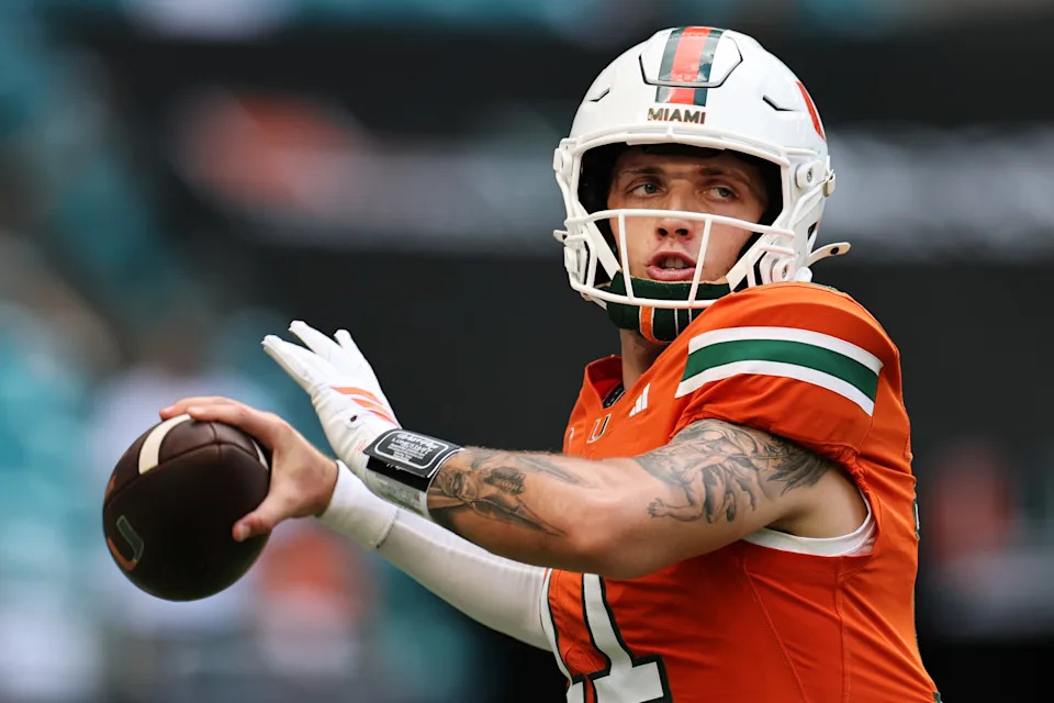 Carson Beck of the Miami Hurricanes warms up prior to facing the South Florida Bulls at Hard Rock Stadium on September 13, 2025 in Miami Gardens, Florida. (Photo by Carmen Mandato/Getty Images)