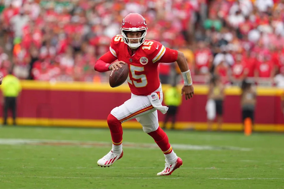 Kansas City Chiefs quarterback Patrick Mahomes runs with the ball against the Philadelphia Eagles on Sept. 14.