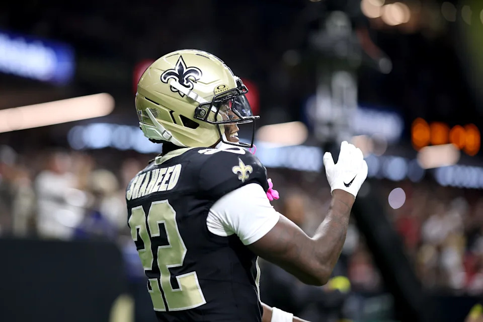 NEW ORLEANS, LOUISIANA - SEPTEMBER 14: Rashid Shaheed #22 of the New Orleans Saints celebrates a touchdown reception against the San Francisco 49ers during the second half in the game at Caesars Superdome on September 14, 2025 in New Orleans, Louisiana. (Photo by Chris Graythen/Getty Images)