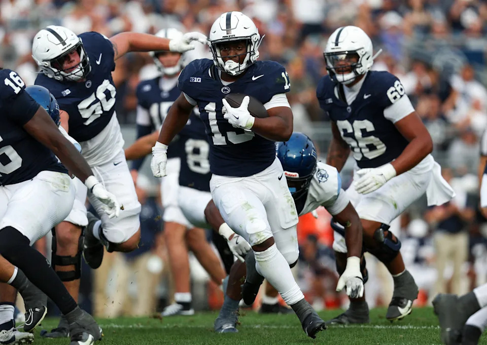 Sep 13, 2025; University Park, Pennsylvania, USA; Penn State Nittany Lions running back Kaytron Allen (13) runs with the ball which would result in a touchdown during the fourth quarter against the Villanova Wildcats at Beaver Stadium. Mandatory Credit: Matthew O'Haren-Imagn Images