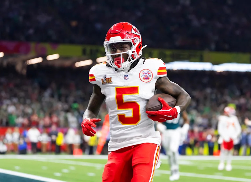 Feb 9, 2025; New Orleans, LA, USA; Kansas City Chiefs wide receiver Marquise Brown (5) against the Philadelphia Eagles in Super Bowl LIX at Ceasars Superdome. Mandatory Credit: Mark J. Rebilas-Imagn Images