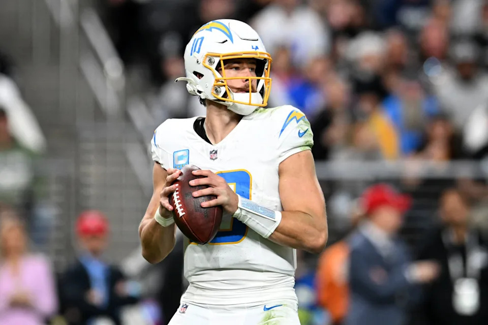 LAS VEGAS, NEVADA - JANUARY 05: Justin Herbert #10 of the Los Angeles Chargers looks to pass the ball against the Las Vegas Raiders during the third quarter at Allegiant Stadium on January 05, 2025 in Las Vegas, Nevada. (Photo by Candice Ward/Getty Images)Candice Ward&sol;Getty Images