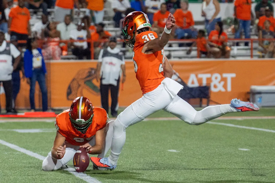Florida A&M Rattlers kicker Daniel Porto (36) kicks for the extra point. The Florida A&M Rattlers defeated the Albany State Golden Rams during the first home game of the season on Saturday, Sept. 13, 2025.