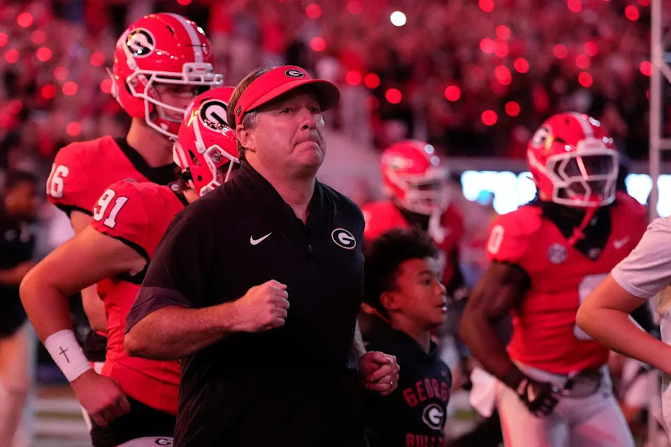 Georgia Bulldogs coach Kirby Smart takes the field before the start of a NCAA college football game against Alabama in Athens, Ga., on Saturday, September 27, 2025.