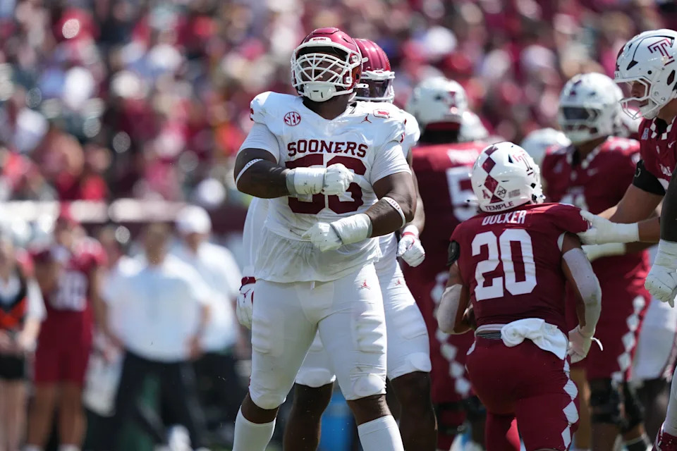 Sep 13, 2025; Philadelphia, Pennsylvania, USA; Oklahoma Sooners defensive lineman Gracen Halton (56) reacts against the Temple Owls in the first half at Lincoln Financial Field. Mandatory Credit: Kyle Ross-Imagn Images