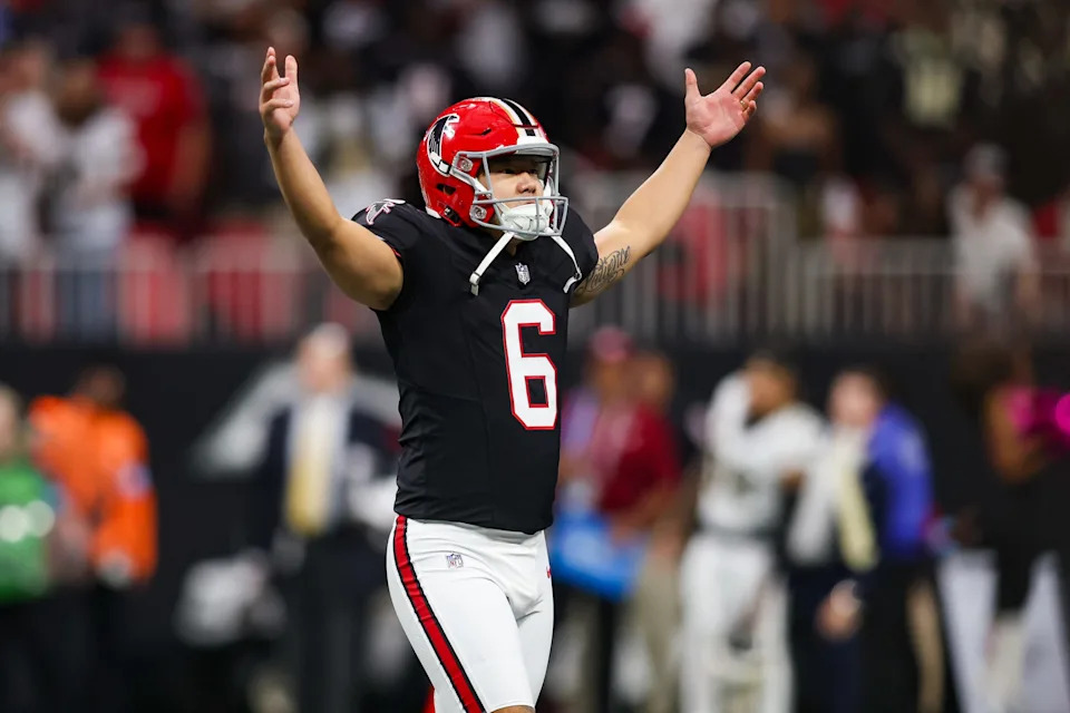 Sep 29, 2024; Atlanta, Georgia, USA; Atlanta Falcons place kicker Younghoe Koo (6) celebrates after kicking the game-winning field goal against the New Orleans Saints in the fourth quarter at Mercedes-Benz Stadium. Mandatory Credit: Brett Davis-Imagn Images
