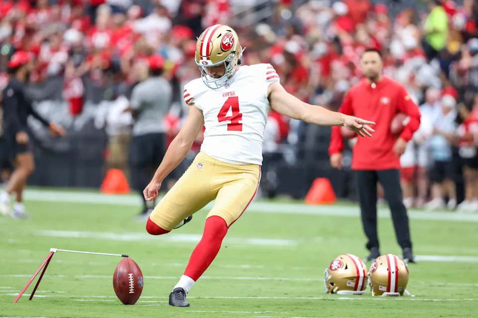 LAS VEGAS, NEVADA - AUGUST 13: Jake Moody #4 of the San Francisco 49ers warms up before his team's game against the Las Vegas Raiders at Allegiant Stadium on August 13, 2023 in Las Vegas, Nevada. (Photo by Ian Maule/Getty Images)Ian Maule&sol;Getty Images