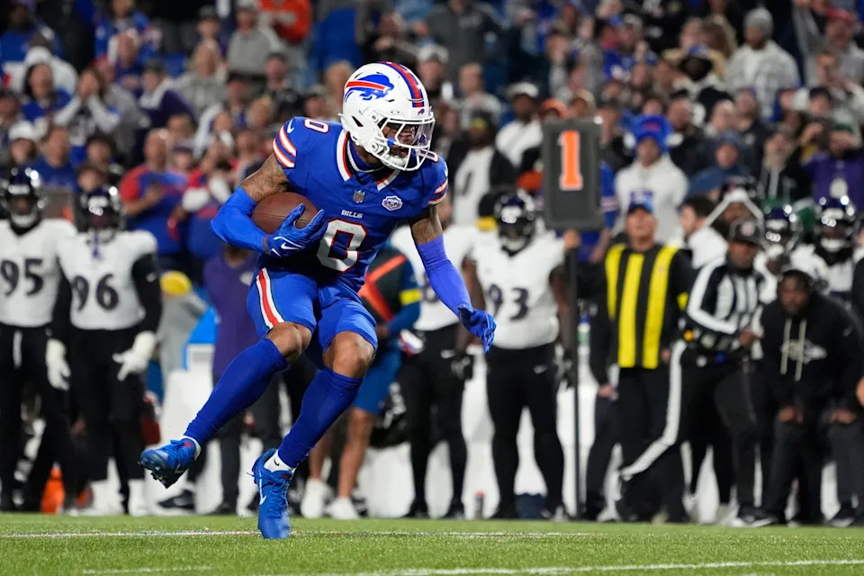 Sep 7, 2025; Orchard Park, New York, USA; Buffalo Bills wide receiver Keon Coleman (0) runs the ball during the fourth quarter against the Baltimore Ravens at Highmark Stadium. Mandatory Credit: Gregory Fisher-Imagn Images