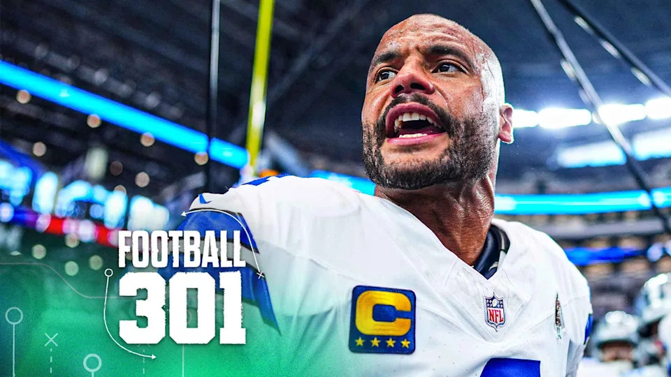 ARLINGTON, TX - SEPTEMBER 14: Dak Prescott #4 of the Dallas Cowboys speaks to teammates before kickoff against the New York Giants during an NFL football game at AT&T Field on September 14, 2025 in Arlington, Texas. (Photo by Cooper Neill/Getty Images)