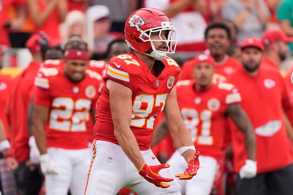 Kansas City Chiefs tight end Travis Kelce celebrates after getting a first down during the...