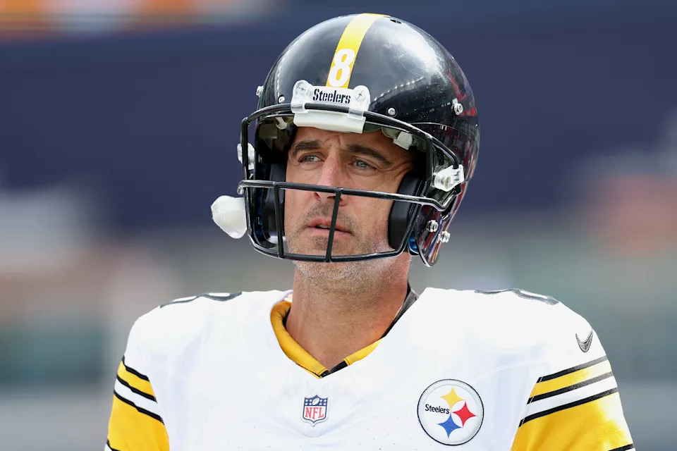Aaron Rodgers #8 of the Pittsburgh Steelers looks on before the game against the New England Patriots at Gillette Stadium on September 21, 2025 in Foxborough, Massachusetts.