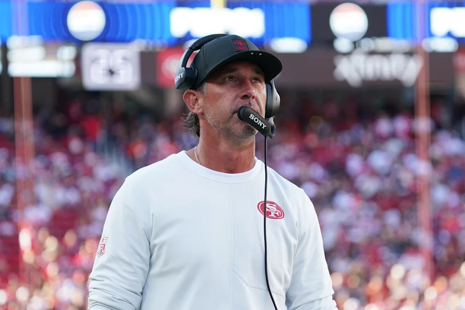 Aug 9, 2025; Santa Clara, California, USA; San Francisco 49ers head coach Kyle Shanahan watches from the sidelines in the first quarter against the Denver Broncos at Levi's Stadium. Mandatory Credit: David Gonzales-Imagn Images