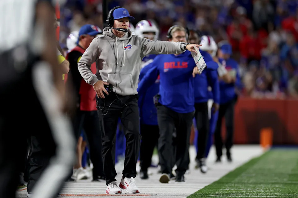 ORCHARD PARK, NEW YORK - SEPTEMBER 18: Head coach Sean McDermott of the Buffalo Bills makes adjustments during the game against the Miami Dolphins at Highmark Stadium on September 18, 2025 in Orchard Park, New York. (Photo by Sarah Stier/Getty Images)