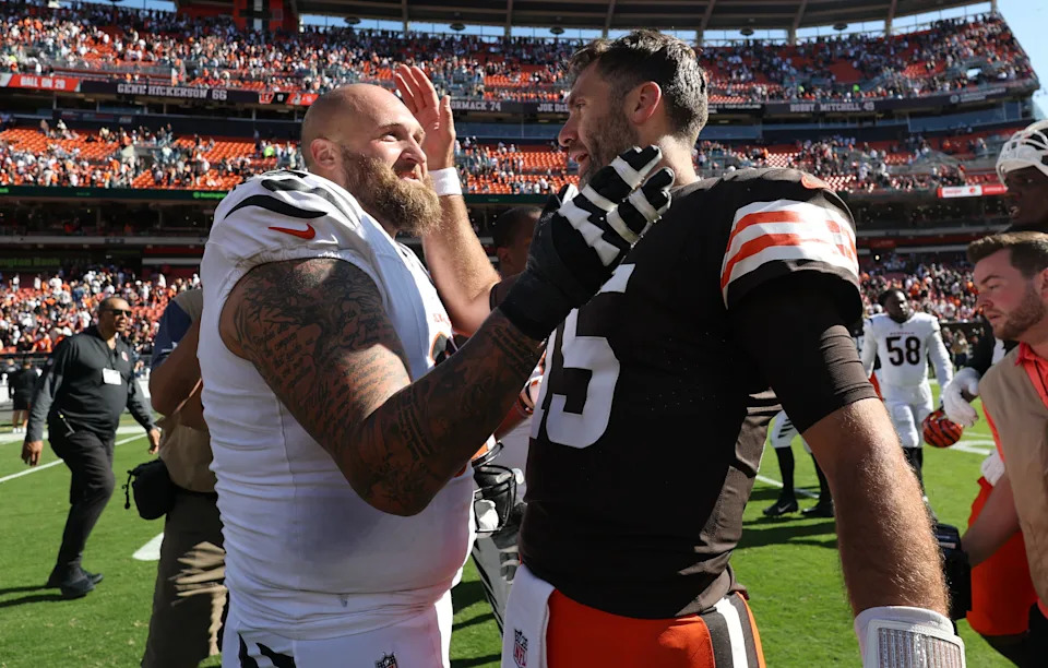 Bengals guard Dalton Risner, at left with Browns' quarterback Joe Flacco, started against the Vikings but head coach Zac Taylor was non-committal Sept. 25 on whether Risner would start against the Denver Broncos.