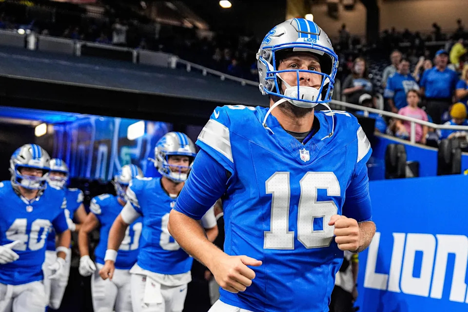Detroit Lions quarterback Jared Goff (16) takes the field for practice ahead the Houston Texans game at Ford Field in Detroit on Saturday, August 23, 2025.