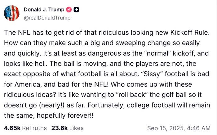 Screenshot of a social media post criticizing a new NFL kickoff rule, calling it unsafe and advocating for college football
