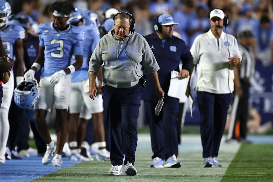 CHAPEL HILL, NORTH CAROLINA - SEPTEMBER 01: Head coach Bill Belichick of the North Carolina Tar Heels reacts during the first half of the game against the TCU Horned Frogs at Kenan Stadium on September 01, 2025 in Chapel Hill, North Carolina. (Photo by Jared C. Tilton/Getty Images)