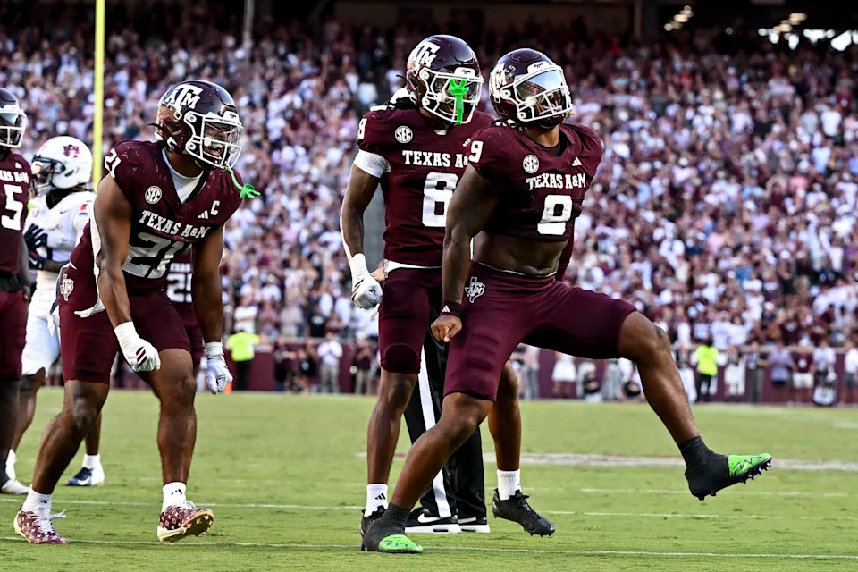 Sep 27, 2025; College Station, Texas, USA; Texas A&M Aggies defensive end Cashius Howell (9) reacts after sacking Auburn Tigers quarterback Jackson Arnold (not pictured) during the fourth quarter at Kyle Field. Mandatory Credit: Maria Lysaker-Imagn Images