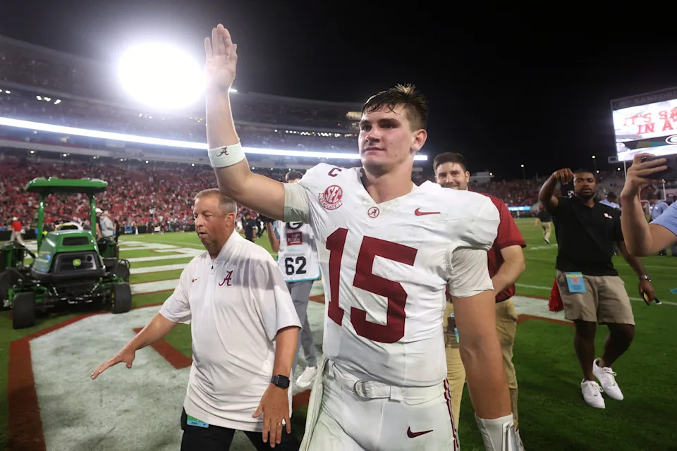Sep 27, 2025; Athens, Georgia, USA; Alabama Crimson Tide quarterback Ty Simpson (15) celebrates after defeating the Georgia Bulldogs at Sanford Stadium. Mandatory Credit: Brett Davis-Imagn Images