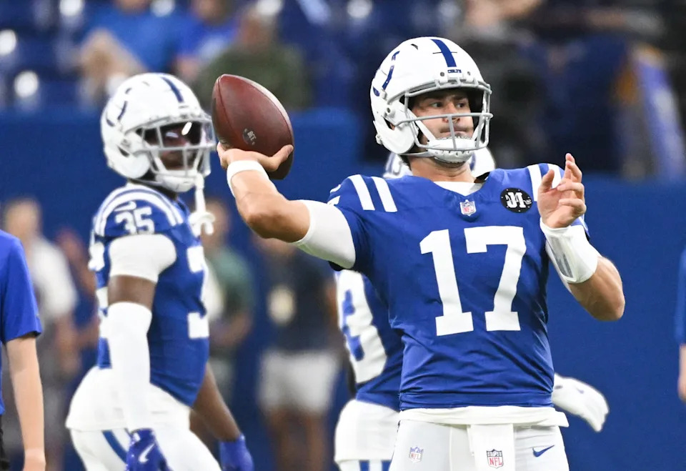 Aug 16, 2025; Indianapolis, Indiana, USA; Indianapolis Colts quarterback Daniel Jones (17) throws a pass during warmups prior to the game against the Green Bay Packers at Lucas Oil Stadium. Mandatory Credit: Robert Goddin-Imagn Images