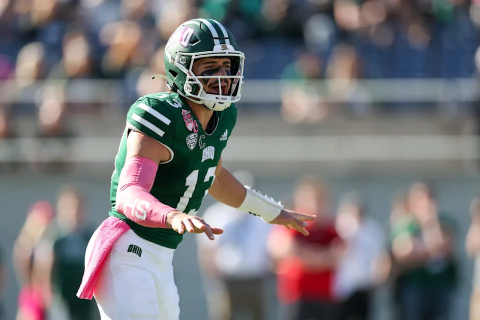Dec 20, 2024; Orlando, FL, USA; Ohio Bobcats quarterback Parker Navarro (13) calls a play at the line against the Jacksonville State Gamecocks in the third quarter at Camping World Stadium. Mandatory Credit: Nathan Ray Seebeck-Imagn Images