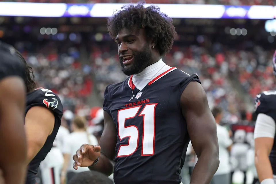 Aug 16, 2025; Houston, Texas, USA; Houston Texans defensive end Will Anderson Jr. (51) on the sideline during the game against the Carolina Panthers at NRG Stadium. Mandatory Credit: Troy Taormina-Imagn Images