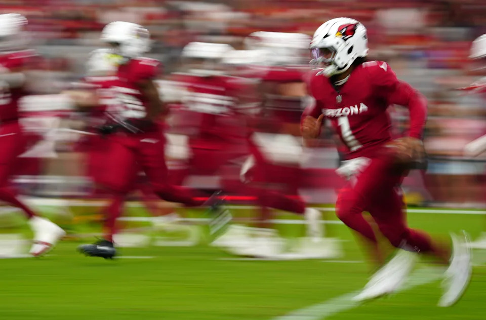 Cardinals quarterback Kyler Murray (1) runs in the backfield prior to a preseason game against the Chiefs at State Farm Stadium on Aug. 9, 2025, in Glendale.