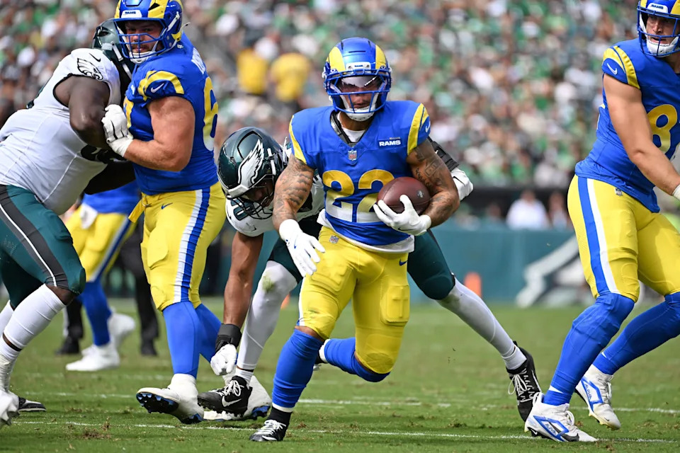 Sep 21, 2025; Philadelphia, Pennsylvania, USA; Los Angeles Rams running back Blake Corum (22) runs with the ball against the Philadelphia Eagles at Lincoln Financial Field. Mandatory Credit: Eric Hartline-Imagn Images