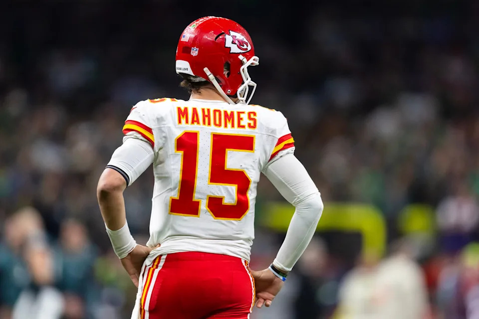 Feb 9, 2025; New Orleans, LA, USA; Detailed view of the jersey of Kansas City Chiefs quarterback Patrick Mahomes (15) against the Philadelphia Eagles in Super Bowl LIX at Ceasars Superdome. Mandatory Credit: Mark J. Rebilas-Imagn Images