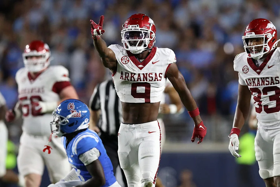 OXFORD, MISSISSIPPI - SEPTEMBER 13: O'Mega Blake #9 of the Arkansas Razorbacks reacts during the second half against the Mississippi Rebels at Vaught-Hemingway Stadium on September 13, 2025 in Oxford, Mississippi. (Photo by Justin Ford/Getty Images)