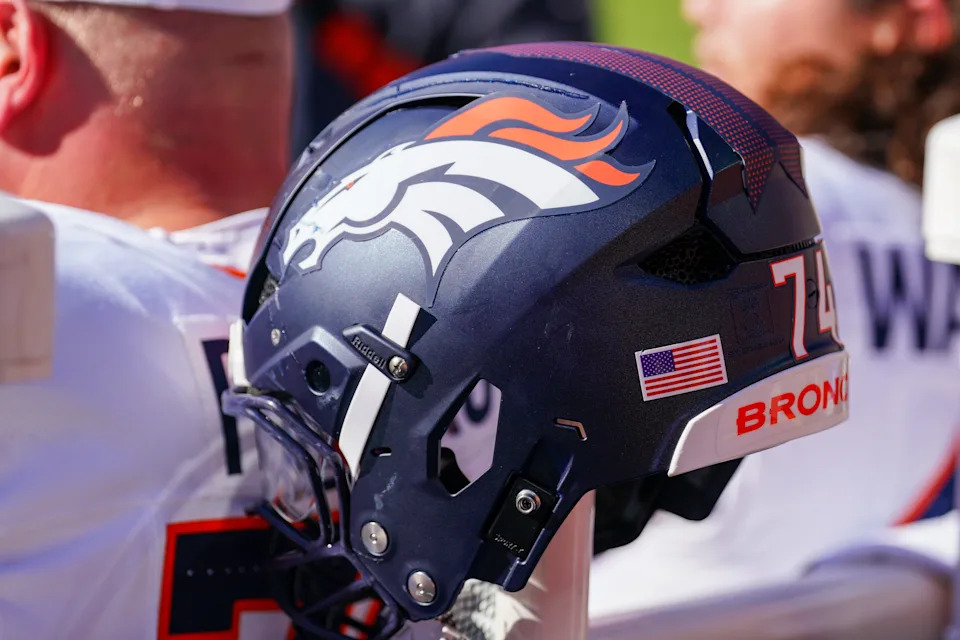 Nov 10, 2024; Kansas City, Missouri, USA; A general view of a Denver Broncos helmet against the Kansas City Chiefs during the first half at GEHA Field at Arrowhead Stadium. Mandatory Credit: Denny Medley-Imagn Images