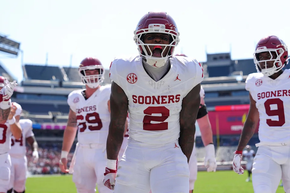 Sep 13, 2025; Philadelphia, Pennsylvania, USA; Oklahoma Sooners running back Jovantae Barnes (2) reacts after rushing for a touchdown against the Temple Owls in the first half at Lincoln Financial Field. Mandatory Credit: Kyle Ross-Imagn Images