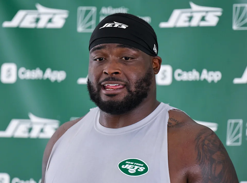 Jul 25, 2025; Florham Park, NJ, USA; New York Jets guard John Simpson (76) speaks to the media during training camp at Atlantic Health Jets Training Center. Mandatory Credit: John Jones-Imagn Images