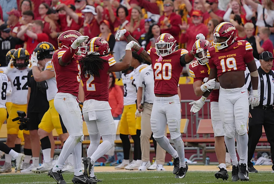 Iowa State Cyclones defense celebrates after a fourth down stop as clinched win 16-13 over Iowa in the Cy-Hawk football at Jack Trice Stadium on Sept. 6, 2025, in Ames, Iowa