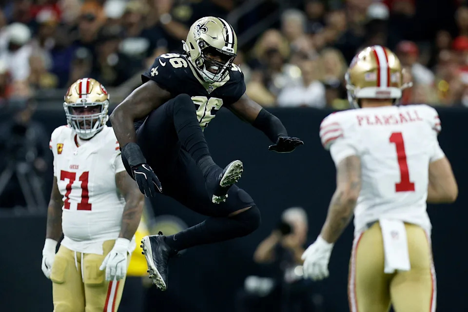 NEW ORLEANS, LOUISIANA - SEPTEMBER 14: Carl Granderson #96 of the New Orleans Saints celebrates a play during the first quarter against the San Francisco 49ers in the game at Caesars Superdome on September 14, 2025 in New Orleans, Louisiana. (Photo by Sean Gardner/Getty Images)