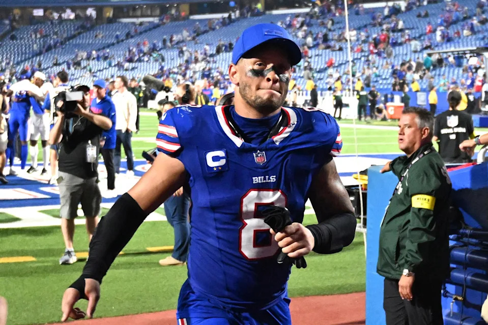 Sep 18, 2025; Orchard Park, New York, USA; Buffalo Bills linebacker Terrel Bernard (8) leaves the field after the game against the Miami Dolphins at Highmark Stadium. Mandatory Credit: Mark Konezny-Imagn Images