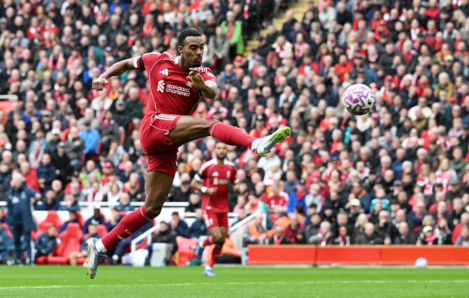 Ryan Gravenberch scores his team's first goal. (Liverpool FC via Getty Images)