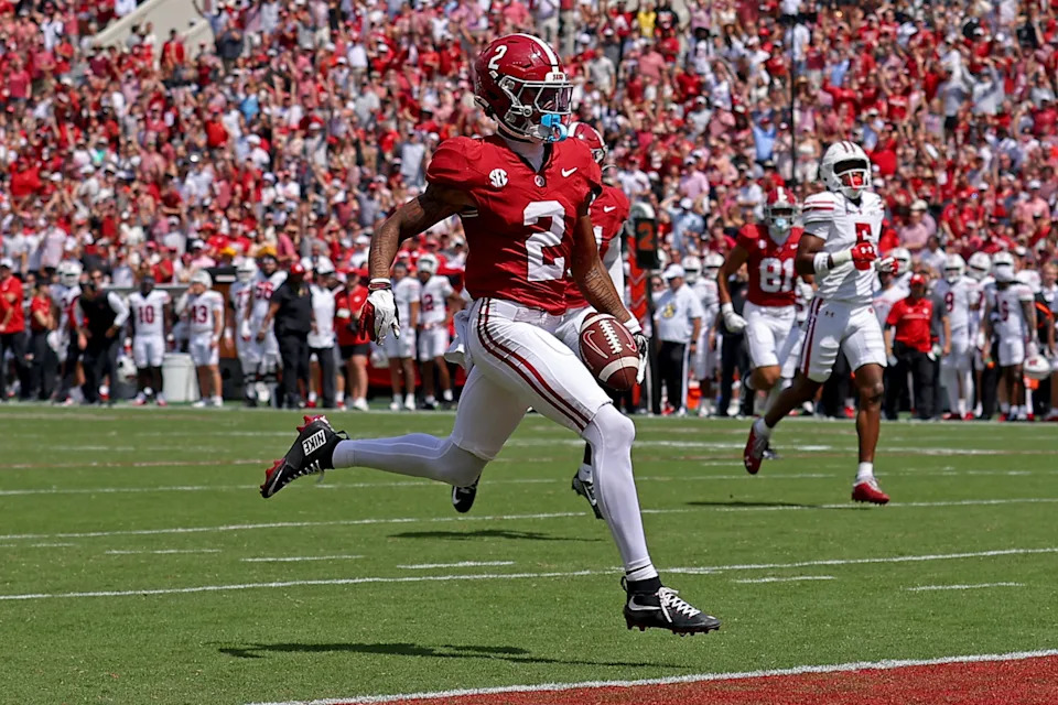 TUSCALOOSA, ALABAMA - SEPTEMBER 13: Ryan Williams #2 of the Alabama Crimson Tide scores a 19 yard touchdown during the second half of the game against the Wisconsin Badgers at Bryant-Denny Stadium on September 13, 2025 in Tuscaloosa, Alabama. (Photo by Jason Clark/Getty Images)
