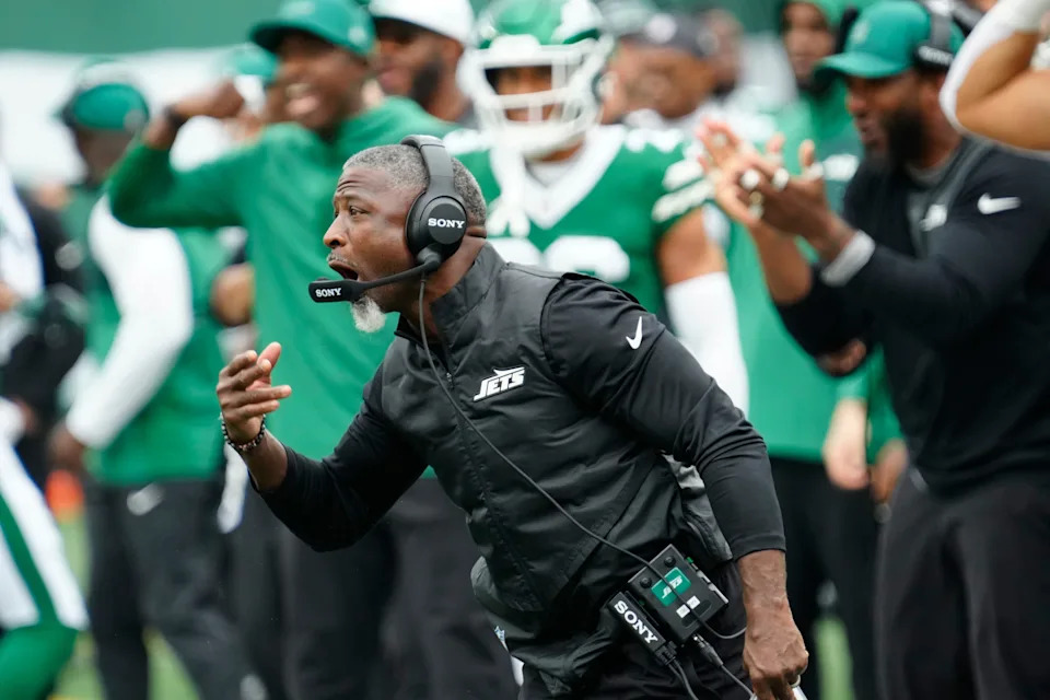 New York Jets Head Coach, Aaron Glenn, is shown during his first game on job, Sunday, September 7, 2025, in East Rutherford.