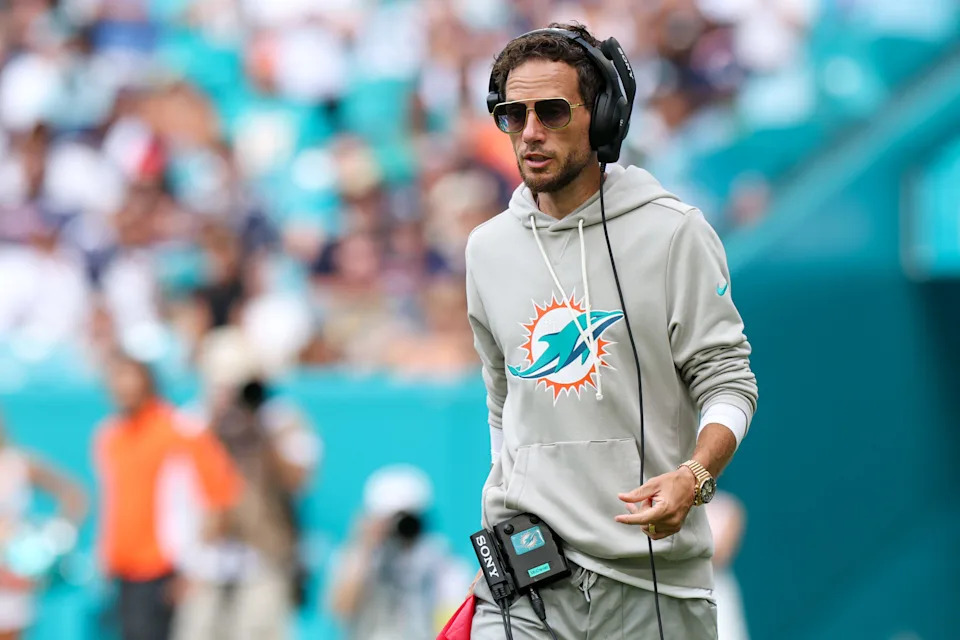 Sep 14, 2025; Miami Gardens, Florida, USA; Miami Dolphins head coach Mike McDaniel looks on against the New England Patriots in the fourth quarter at Hard Rock Stadium. Mandatory Credit: Nathan Ray Seebeck-Imagn Images