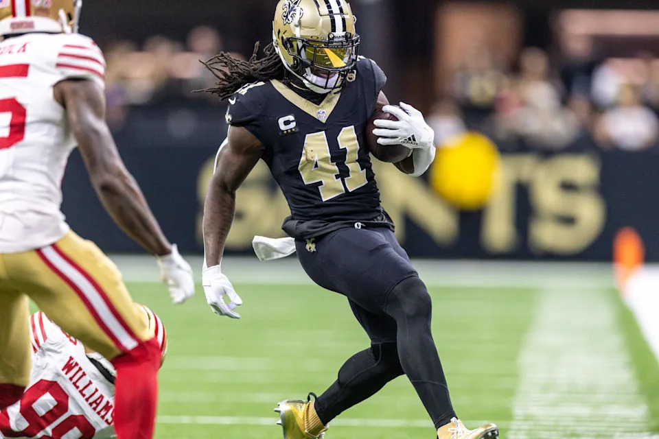 Sep 14, 2025; New Orleans, Louisiana, USA; New Orleans Saints running back Alvin Kamara (41) runs against the San Francisco 49ers during the first half at Caesars Superdome. Mandatory Credit: Stephen Lew-Imagn Images