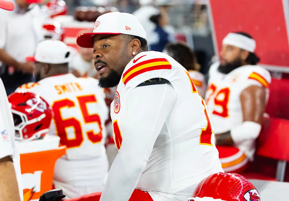 Aug 9, 2025; Glendale, Arizona, USA; Kansas City Chiefs offensive tackle Jawaan Taylor (74) against the Arizona Cardinals during a preseason NFL game at State Farm Stadium. Mandatory Credit: Mark J. Rebilas-Imagn Images
