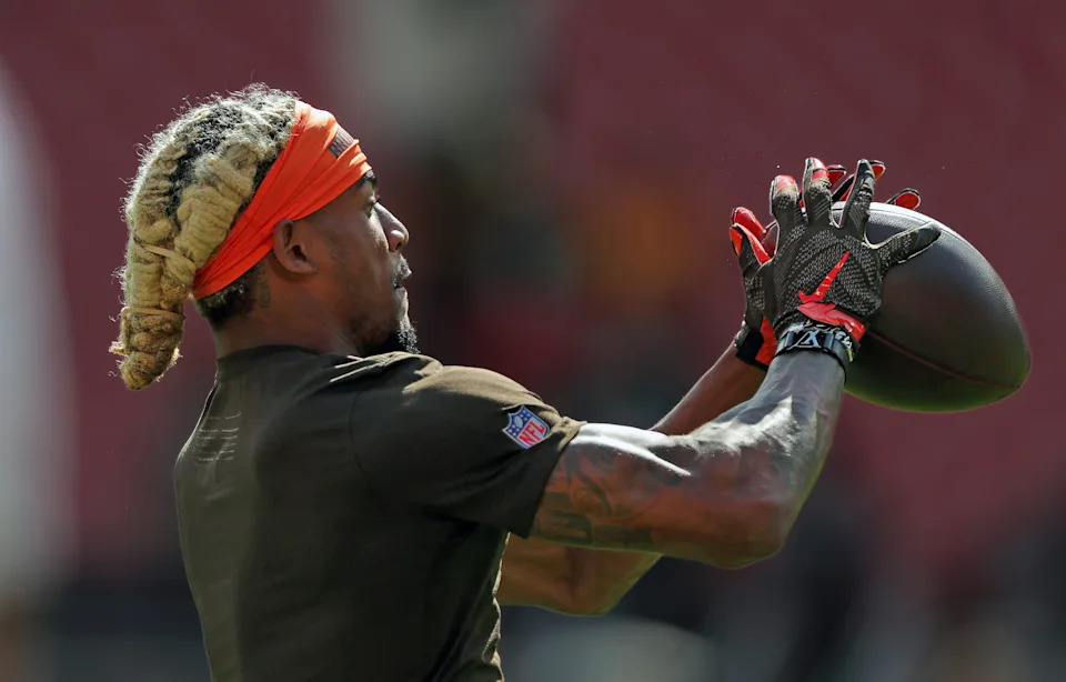 Cleveland Browns wide receiver Isaiah Bond gets warmed up before an NFL football game at Huntington Bank Field, Sept. 21, 2025, in Cleveland, Ohio.