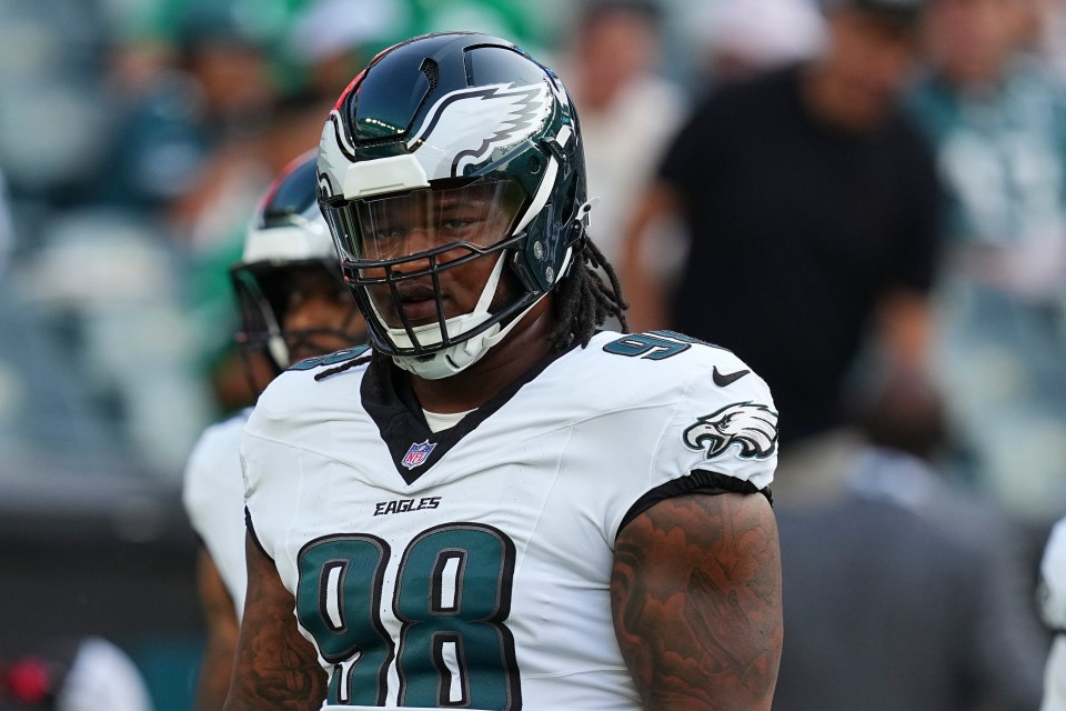 Jalen Carter #98 of the Philadelphia Eagles looks on prior to the game.