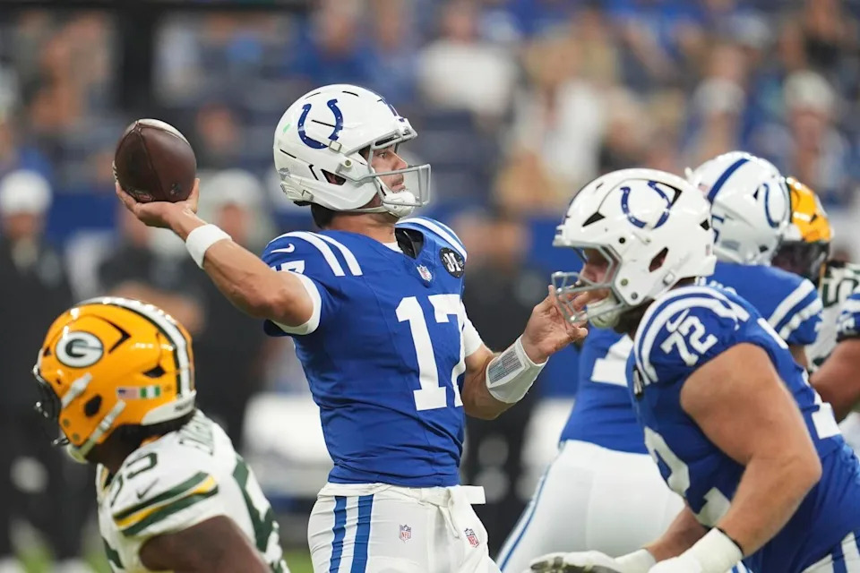 Indianapolis Colts quarterback Daniel Jones passes against the Green Bay Packers in a preseason game on Aug. 16.