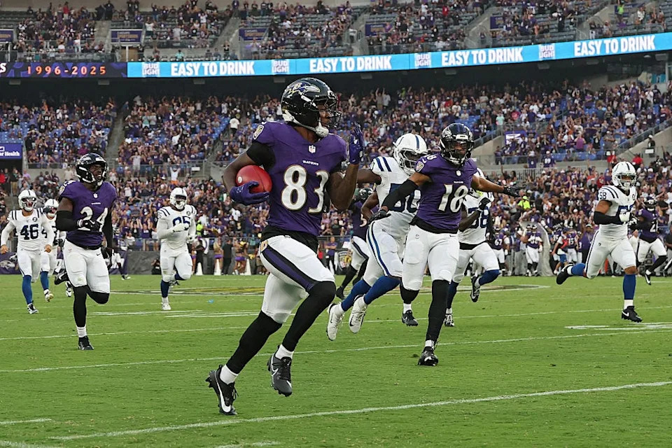 Wide receiver LaJohntay Wester of the Baltimore Ravens scores a touchdown against the Indianapolis Colts in the first half during the NFL Preseason 2025 game between Indianapolis Colts and Baltimore Ravens at M&T Bank Stadium on August 7, 2025 in Baltimore.