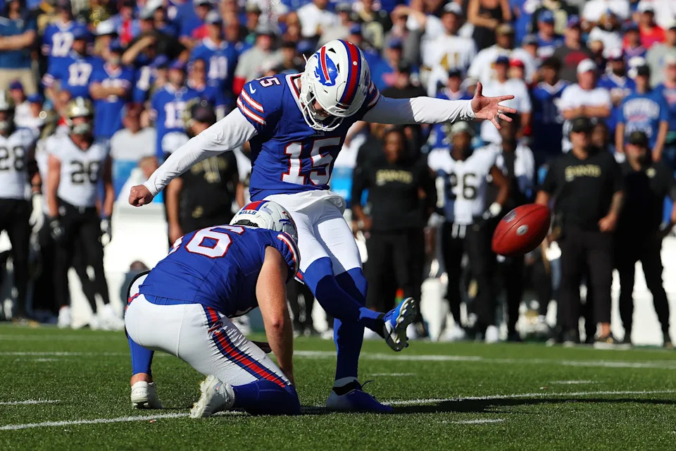 ORCHARD PARK, NEW YORK - SEPTEMBER 28: Matt Prater #15 of the Buffalo Bills kicks a field goal during the fourth quarter against the New Orleans Saints at Highmark Stadium on September 28, 2025 in Orchard Park, New York. (Photo by Timothy T Ludwig/Getty Images)