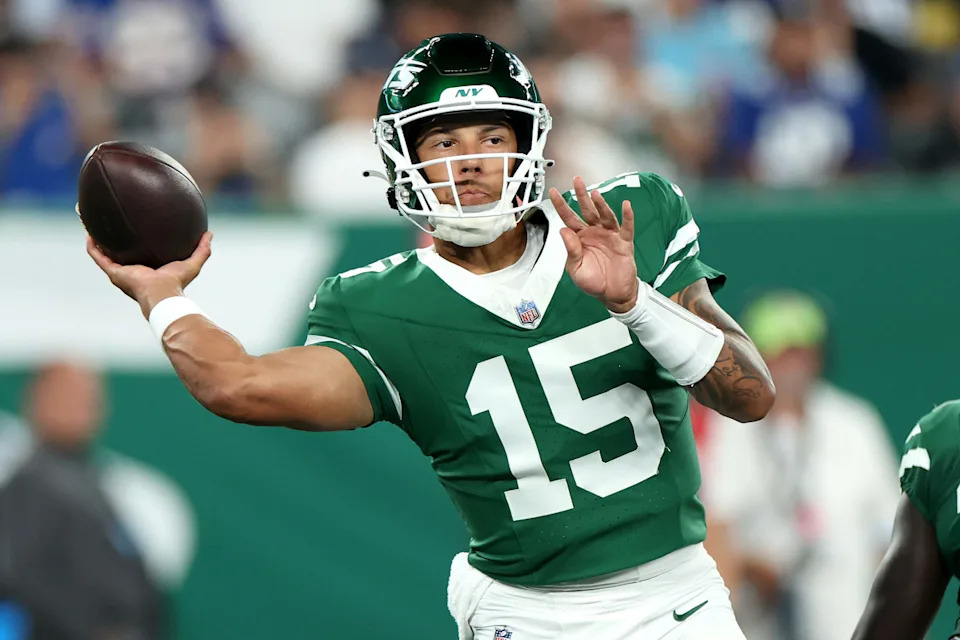 EAST RUTHERFORD, NEW JERSEY - AUGUST 24: Adrian Martinez #15 of the New York Jets throws a pass against the New York Giants during the first quarter of a preseason game at MetLife Stadium on August 24, 2024 in East Rutherford, New Jersey. (Photo by Luke Hales/Getty Images)Luke Hales&sol;Getty Images