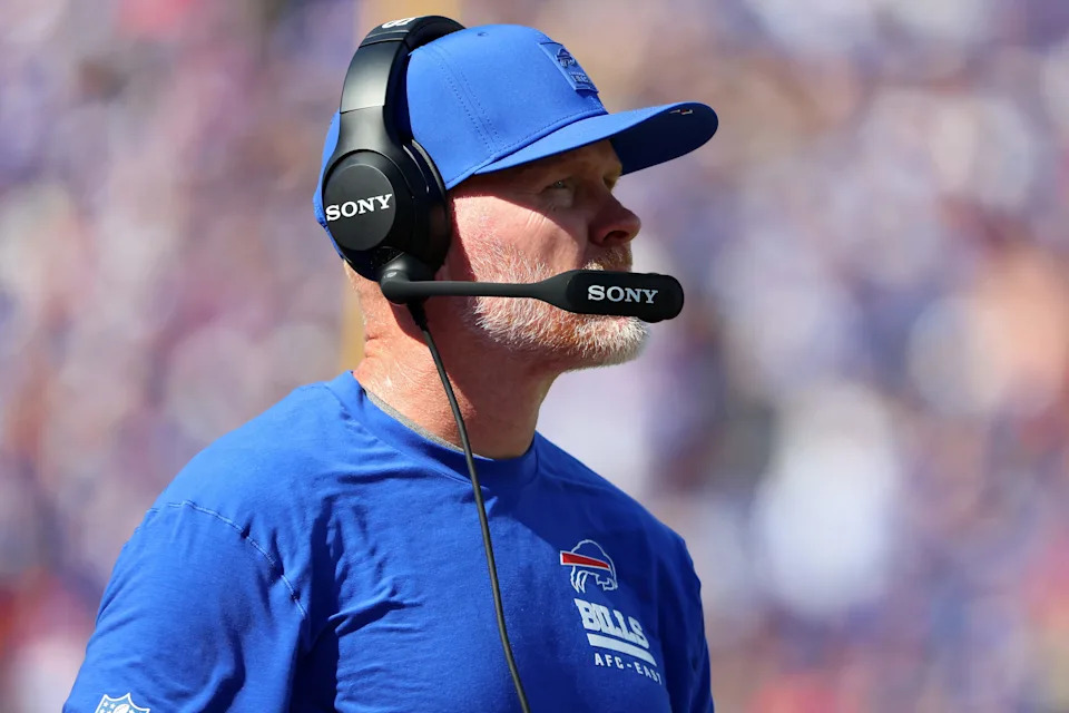 ORCHARD PARK, NEW YORK - SEPTEMBER 28: Head coach Sean McDermott of the Buffalo Bills looks on during the second quarter against the New Orleans Saints at Highmark Stadium on September 28, 2025 in Orchard Park, New York. (Photo by Timothy T Ludwig/Getty Images)