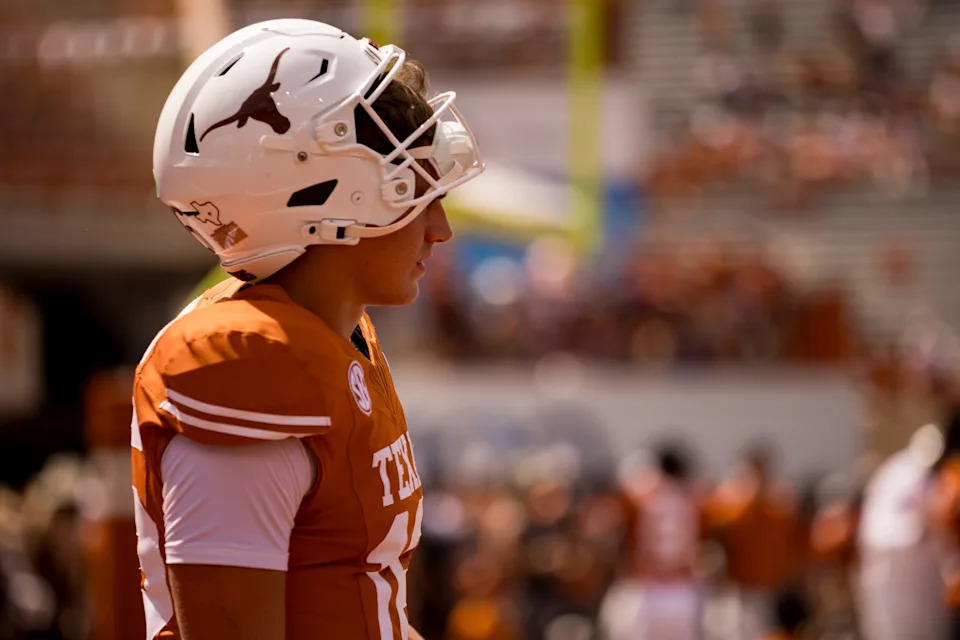 Texas football player, Arch Manning, stands on the field during warm up before a game against UTEP at Darrell K Royalâ€“Texas Memorial Stadium in Austin, Texas, on Saturday, Sept. 13, 2025.